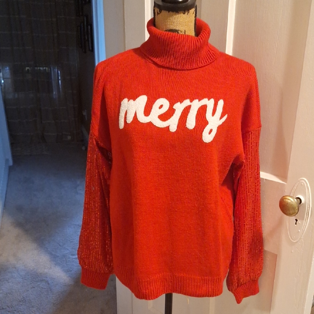 Festive Red Turtleneck Sweater with 'Merry' Design